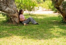 donna seduta sotto ad albero mentre legge