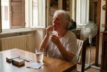 donna anziana seduta al tavolo della sua cucina mentre prende un farmaco e fa molto caldo