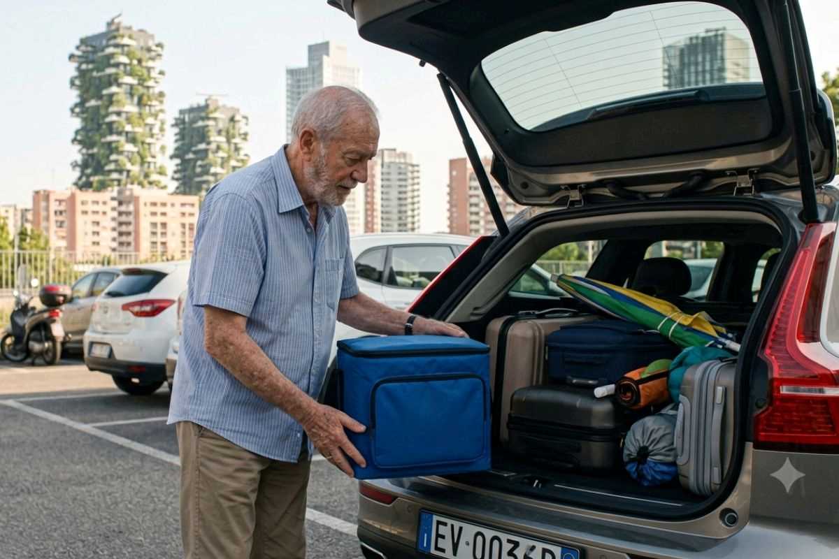 uomo che mette farmaci nella borsa termica prima di partire per le vacanze