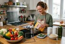 donna con fenilchetonuria che prepara un pasto con alimenti a basso contenuto di proteine