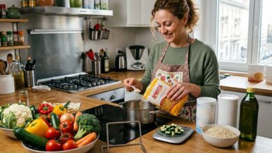 donna con fenilchetonuria che prepara un pasto con alimenti a basso contenuto di proteine