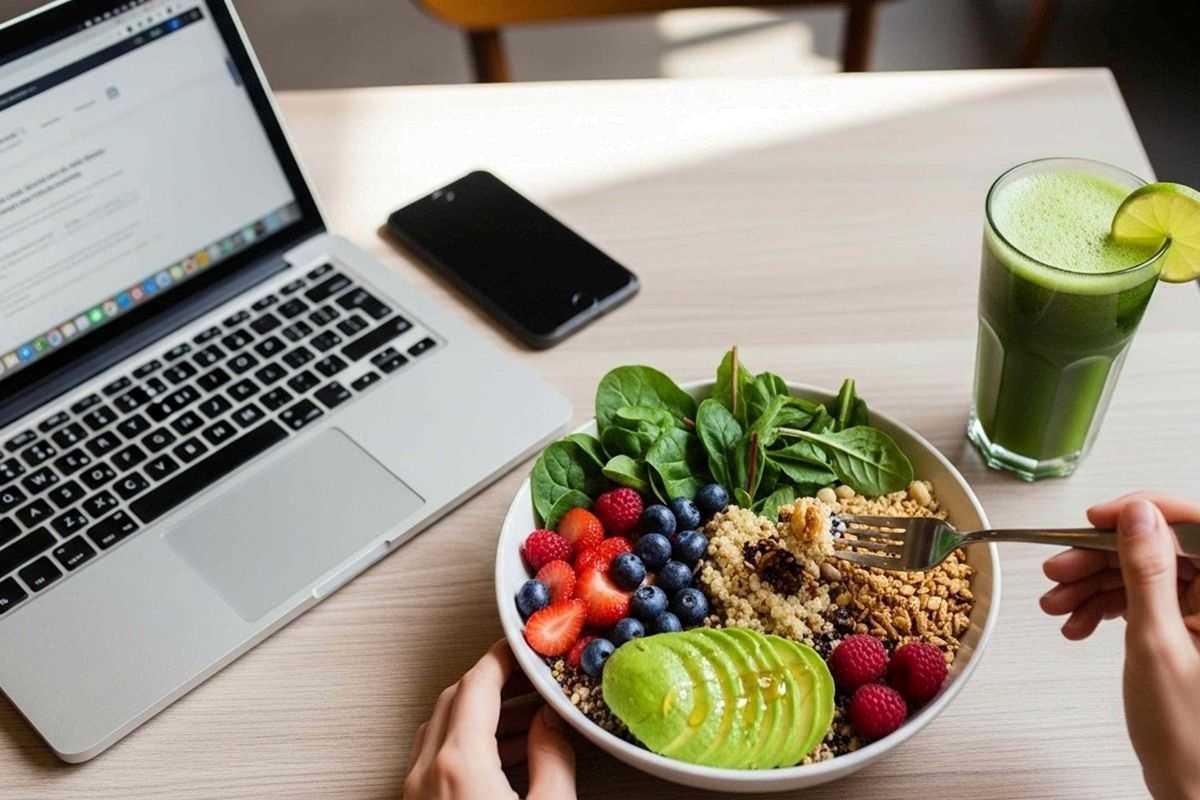 donna al computer che mangia una bowl di frutta e cereali e beve un succo verde