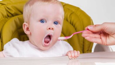 neonato sul seggiolone che riceve un cucchiaino con omogeneizzati