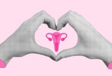 due mani che formano un cuore, all'interno del quale c'è la riproduzione di un organo sessuale femminile