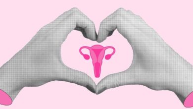 due mani che formano un cuore, all'interno del quale c'è la riproduzione di un organo sessuale femminile