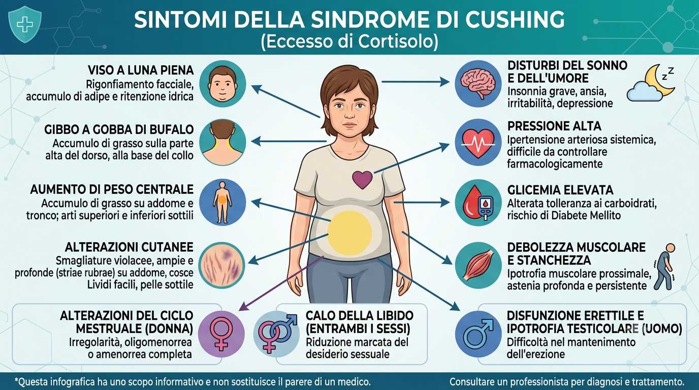 infografica con sintomi della sindrome di cushing