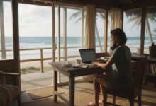 una donna lavora al computer davanti al mare
