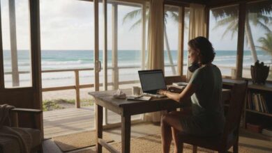 una donna lavora al computer davanti al mare