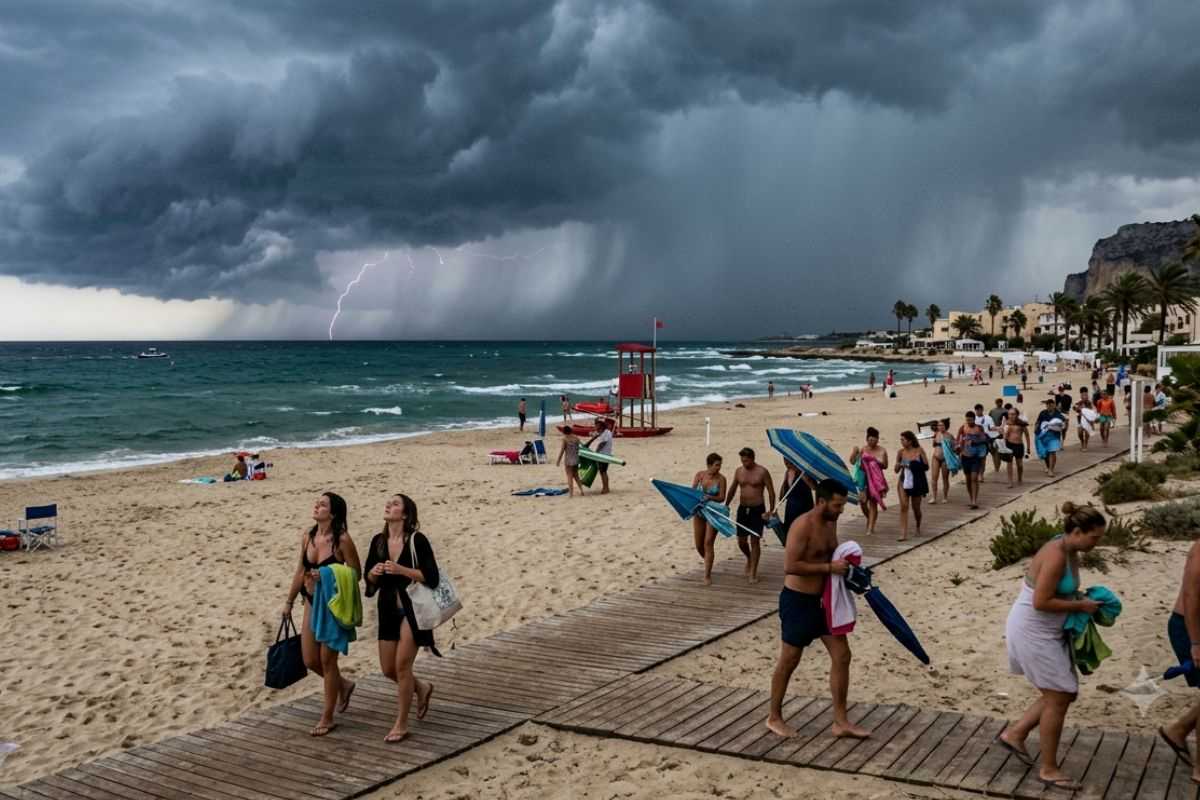 persone che abbandonano la spiaggia perché sta arrivando un temporale estivo