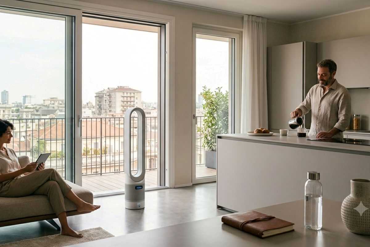 coppia in cucina che si raffresca con il ventilatore senza pale
