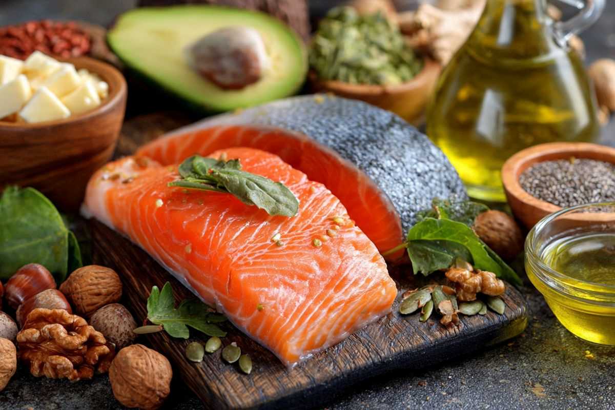 salmone, avocado, olio e frutta a guscio ricchi di vitamina E