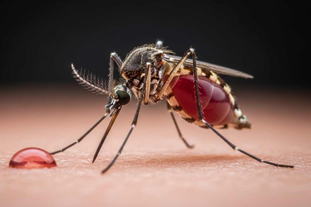 una zanzare con una goccia di sangue