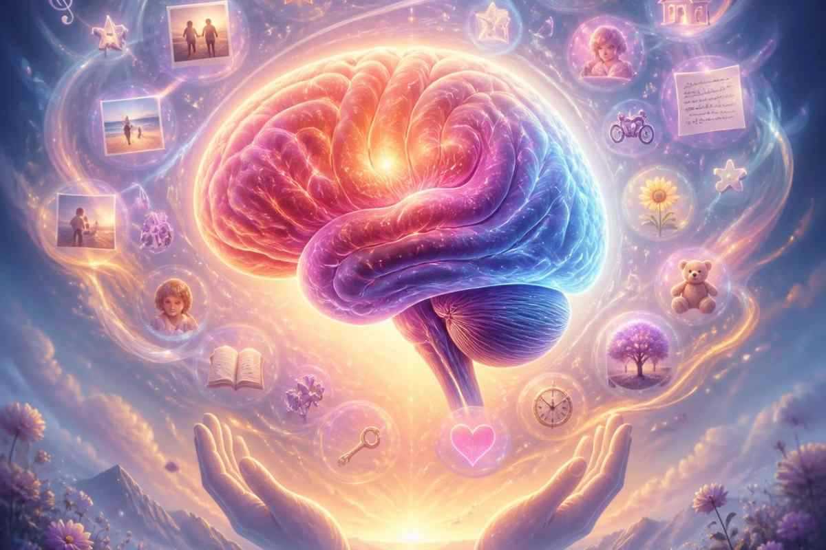 un'immagine che rappresenta il cervello umano circondato da ricordi