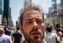 foto di un uomo molto accaldato con del fumo che gli fuoriesce dalla testa
