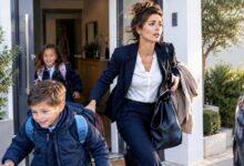 mamma che esce di casa coi figli al mattino