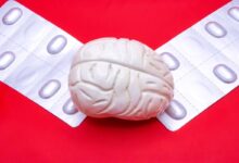 un cervello in plastica sopra due blister di statine