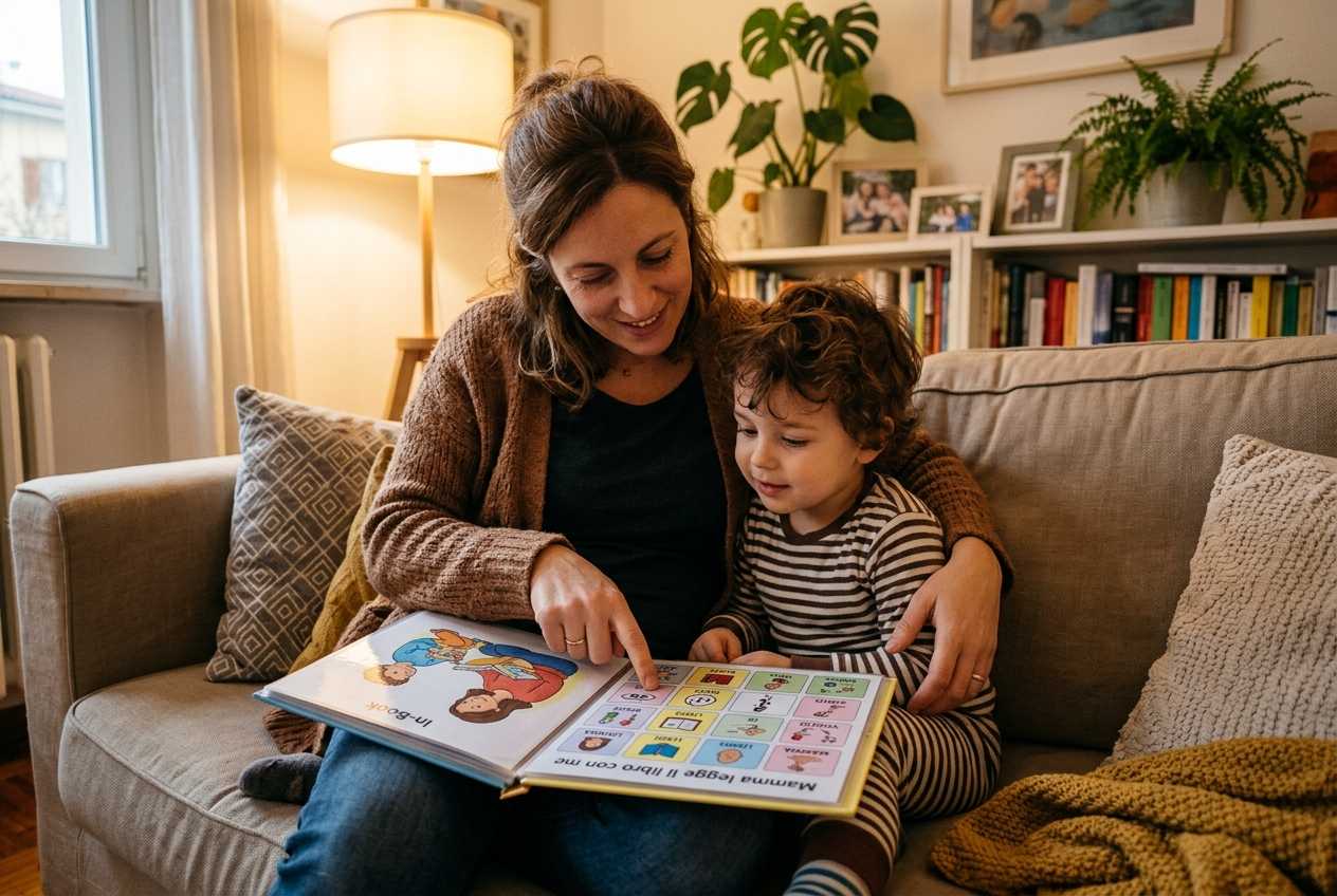 mamma che usa la comunicazione aumentativa alternativa per aiutare suo figlio a comunicare