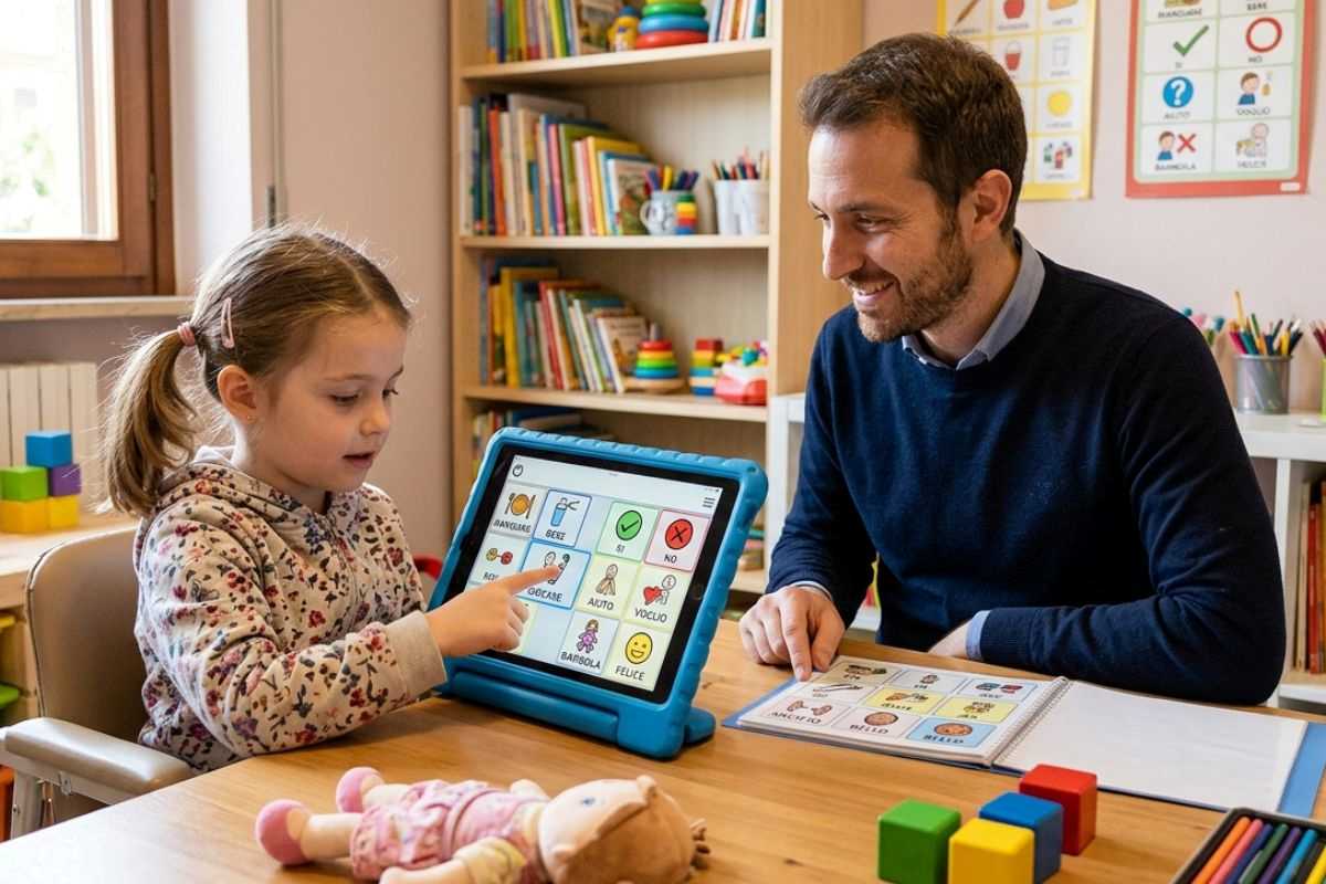 psicologo che usa la comunicazione aumentativa alternativa per aiutare una bambina a esprimersi