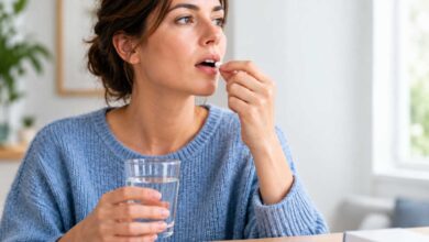 donna che assume una pastiglia di cortisone