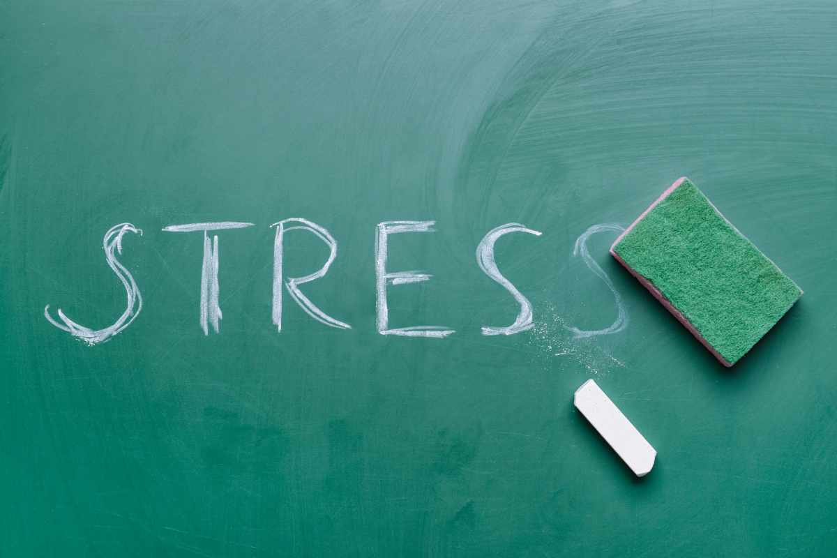 lavagna scolastica con la scritta stress e una spugna per cancellarla