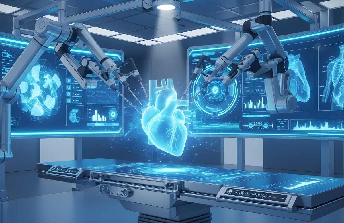 foto creata dall'intelligenza artificiale in una sala operatoria con IA e cuore