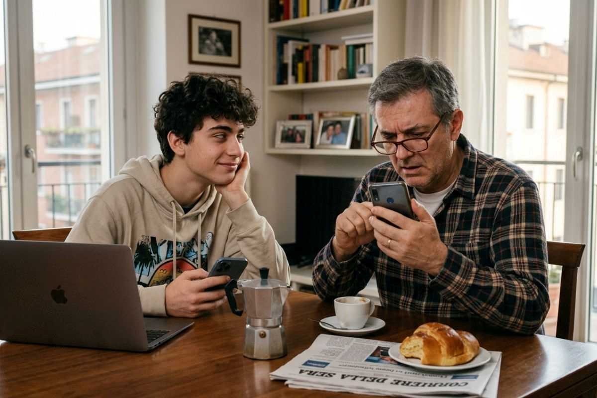 figlio che pensa che il padre sia boomer perché fa fatica a usare lo smartphone