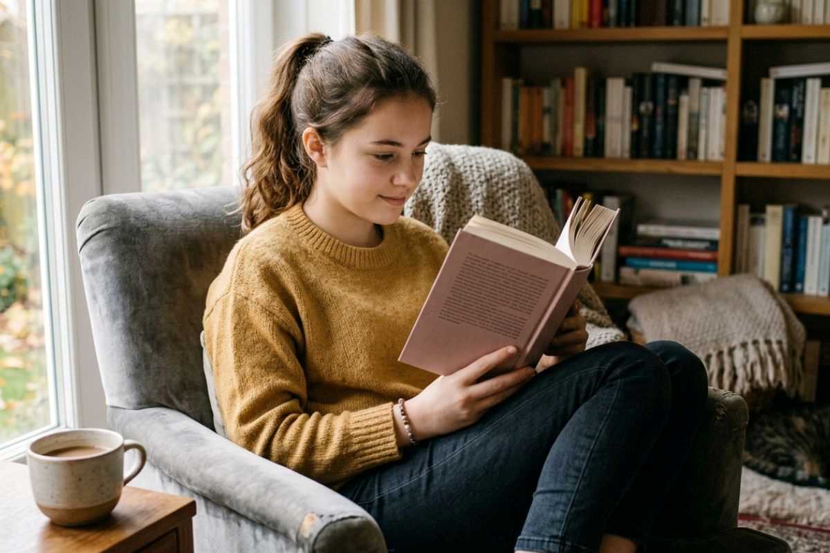 ragazza adolescente che legge un libro romance seduta in poltrona