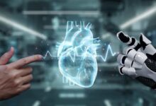 foto creata con l'intelligenza artificiale con una mano umana e una mano robotica che indicano un cuore