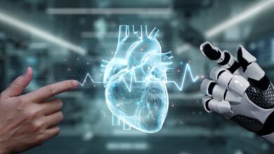 foto creata con l'intelligenza artificiale con una mano umana e una mano robotica che indicano un cuore