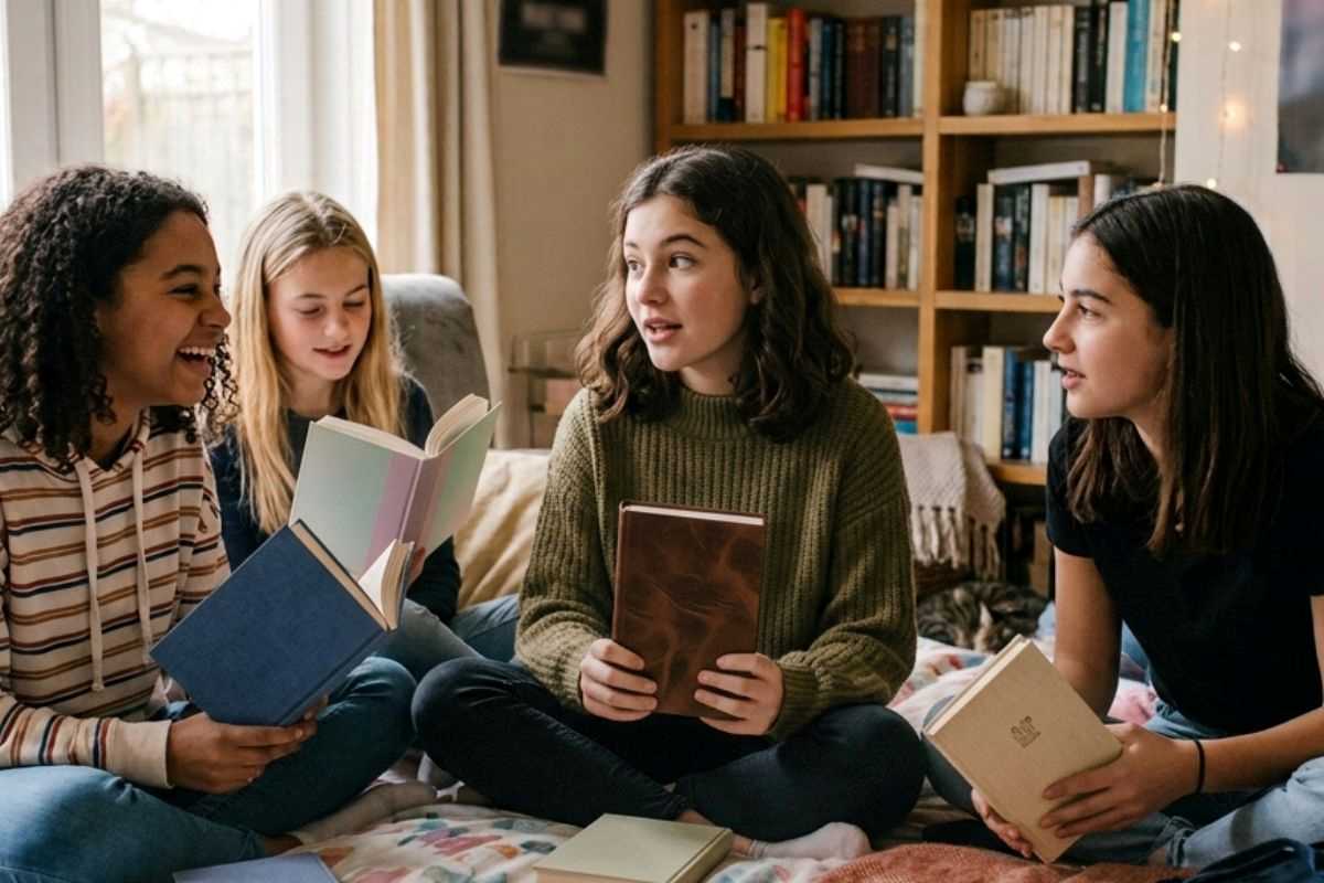 gruppo di ragazzine sedute sul letto mentre si scambiano pareri e commenti sui libri che stanno leggendo
